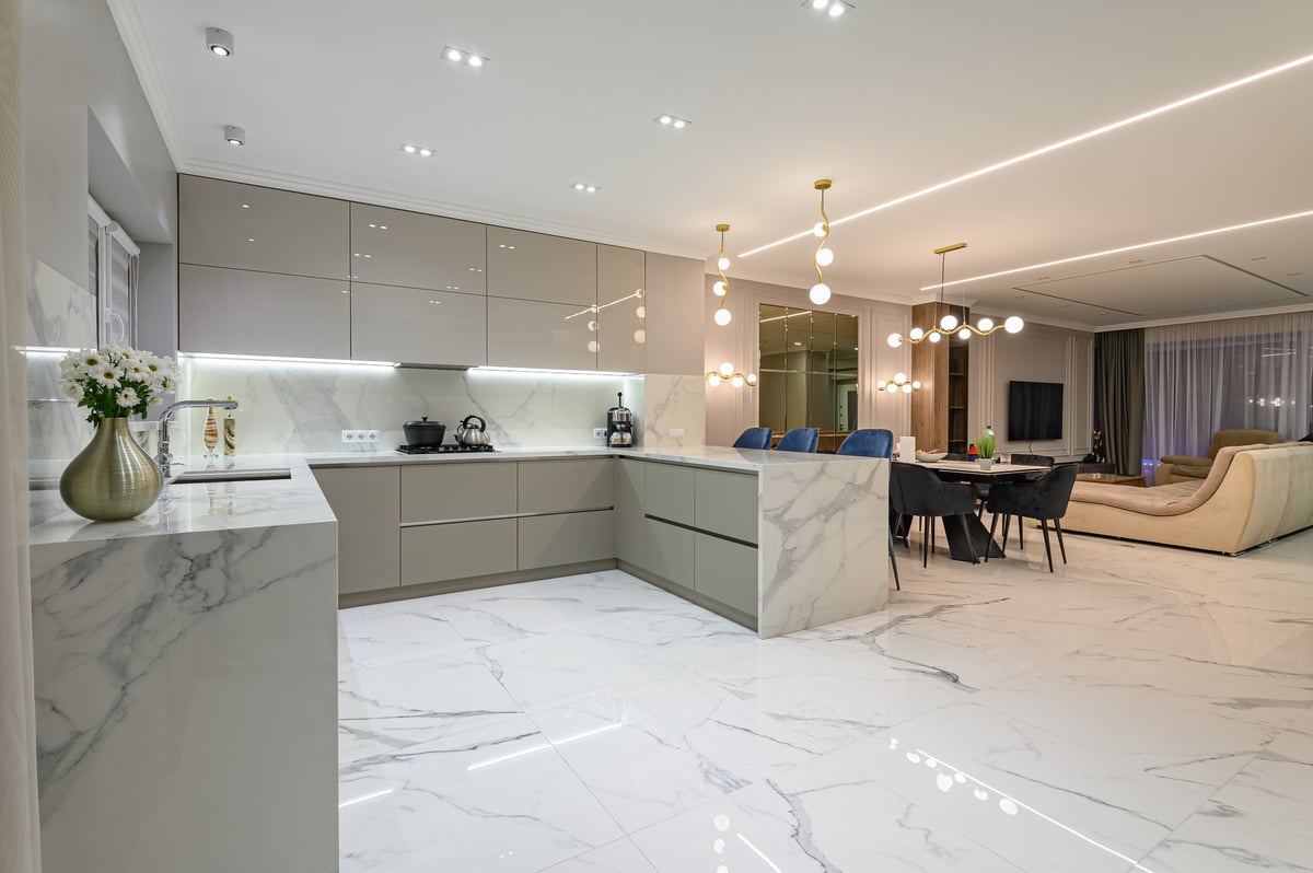 Marble restoration in Manhattan — polished marble surfaces in a bright Manhattan apartment interior