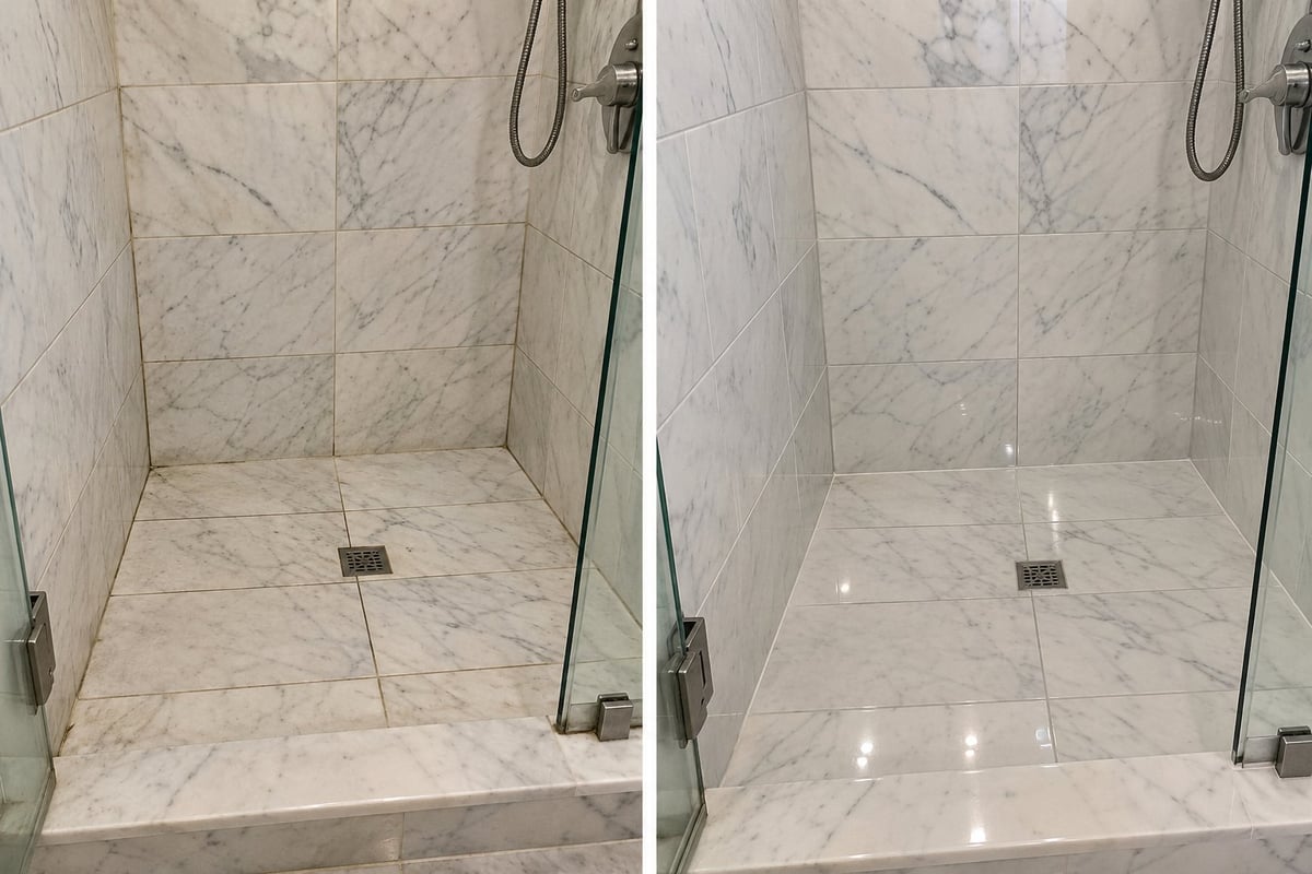Marble shower enclosure cleaning and polishing before and after in Long Island — restored shine and brightness on the right, by Marble Best