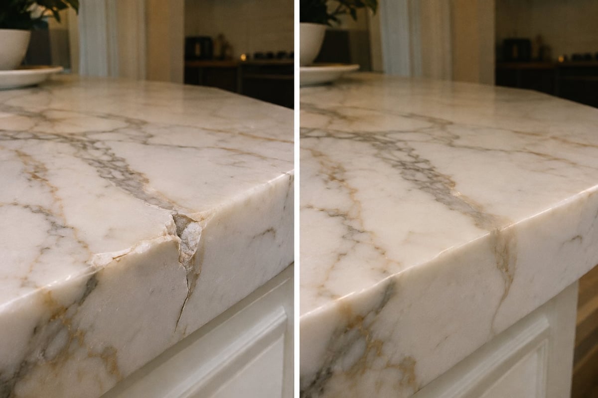 Marble countertop chip repair before and after in New York — damaged marble on the left, color-matched restored surface on the right, by Marble Best